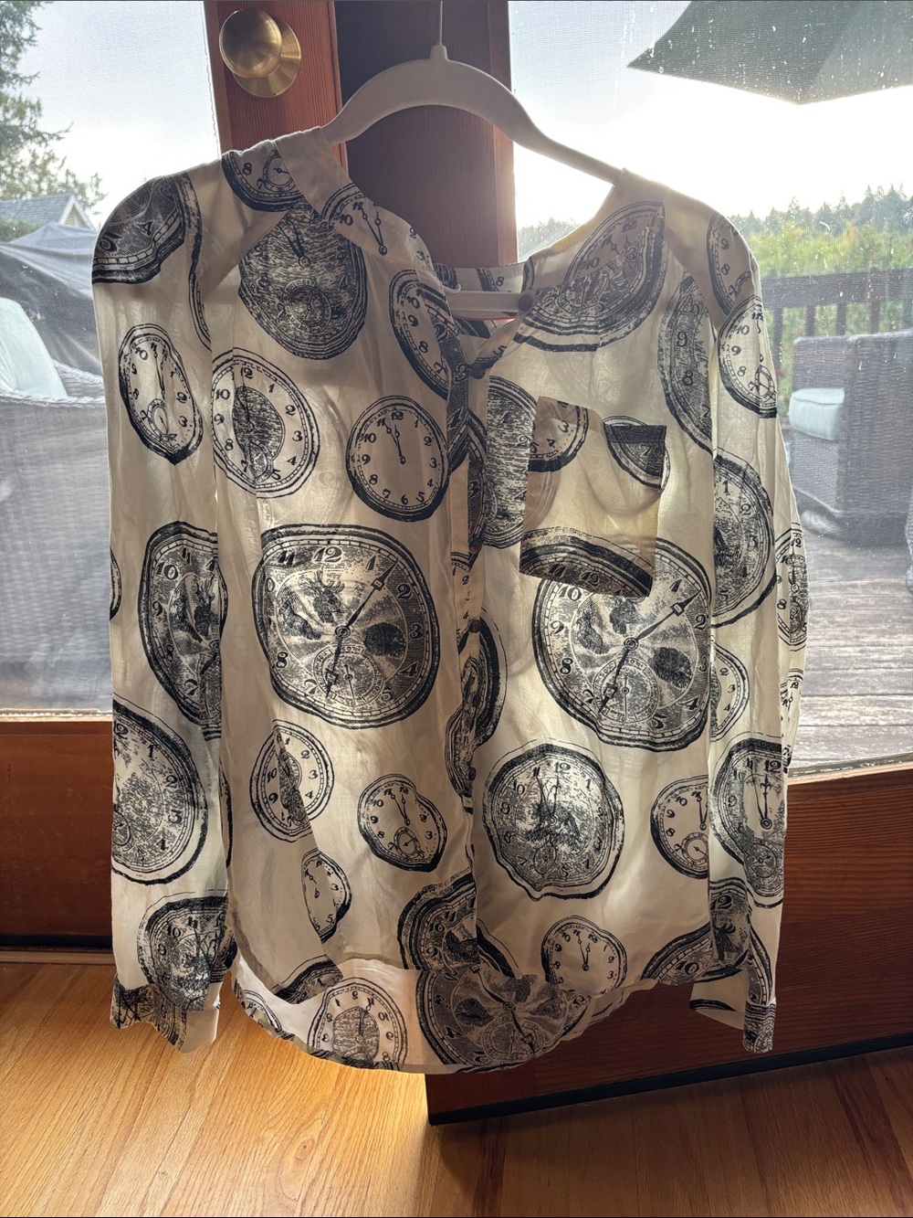 Anthropologie Cream Blouse with Black Clock Print